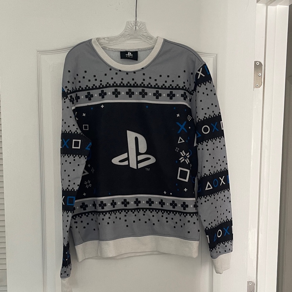 Sony PlayStation Themed Gray and Blue Crewneck Sweater